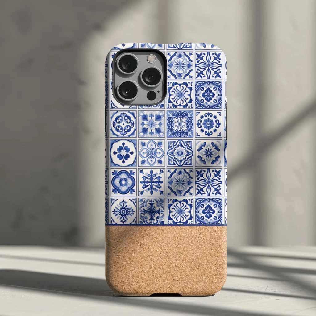 Portuguese tiles and cork print hard phone case for iPhone, Samsung and Pixel